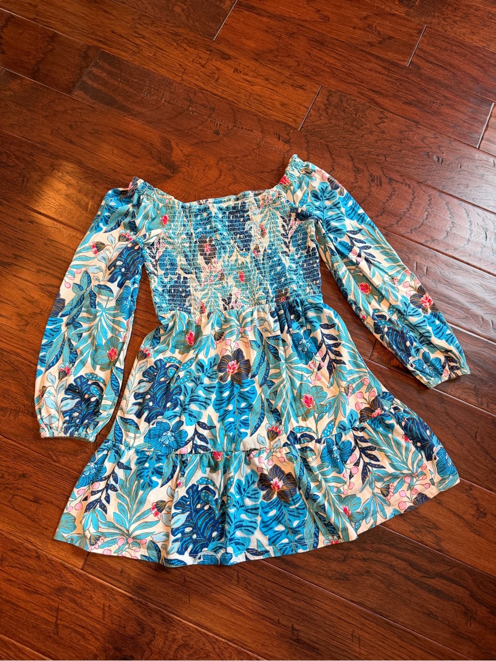 Lilly Pulitzer Blue Tropical Smocked Long-Sleeve Dress